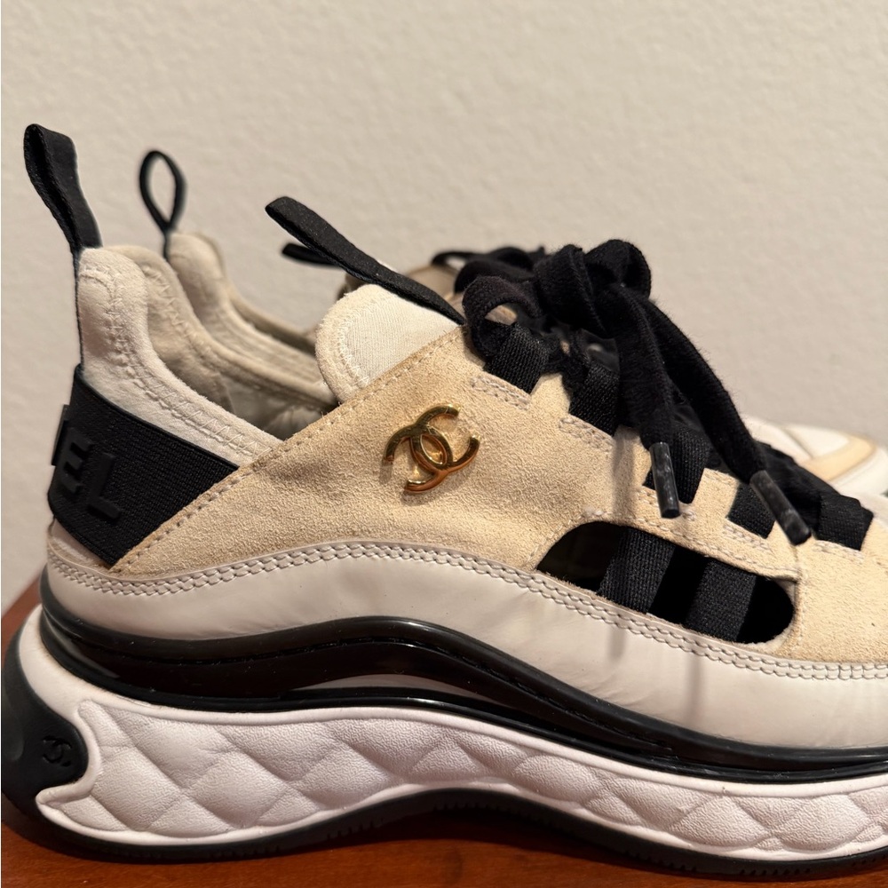 Chanel Cream & Black Suede Sneakers 37 - Picture 2 of 7